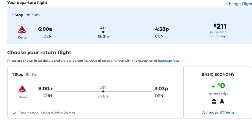 Cheap flights from US cities to Cancun, Mexico from only $211 roundtrip with Delta Air Lines. Flight deal ticket image.