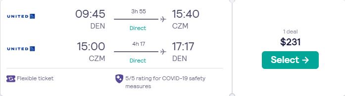 Non-stop flights from Denver, Colorado to Cozumel, Mexico for only $231 roundtrip with United Airlines. Flight deal ticket image.