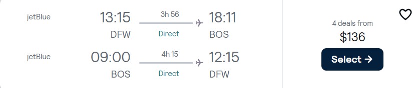 Click here to book this cheap flight deal. Non-stop flights from Dallas, Texas to Boston for only $136 roundtrip with JetBlue. Also works in reverse. Flight deal ticket image.