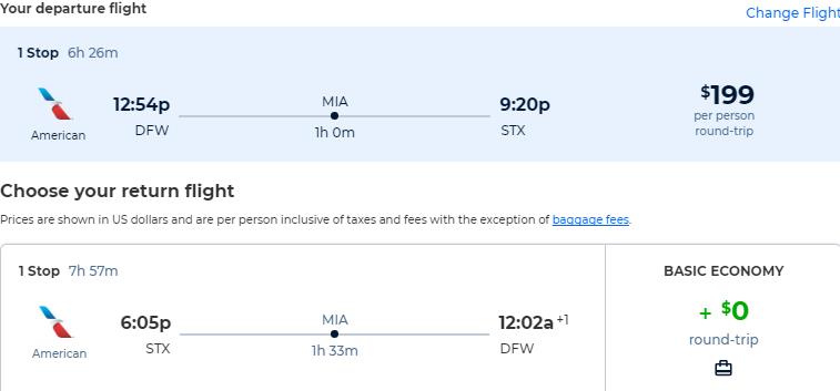 Cheap flights from Dallas or Chicago to the US Virgin Islands from only $199 roundtrip with American Airlines. Flight deal ticket image.