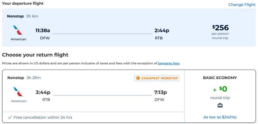Click here to book this cheap flight deal. Non-stop flights from Dallas, Texas to Roatan, Honduras for only $256 roundtrip with American Airlines. Flight deal ticket image.