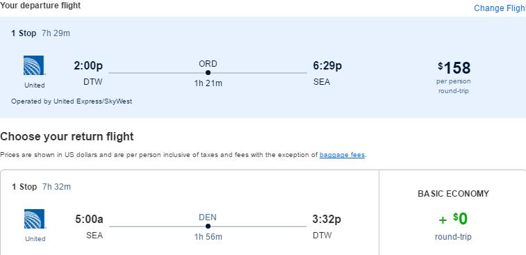 Cheap flights from Detroit to Seattle for only $158 roundtrip with United Airlines. Also works in reverse. Flight deal ticket image.
