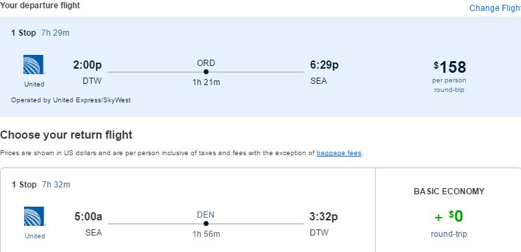 Click here to book this cheap flight deal. Cheap flights from Detroit to Seattle for only $158 roundtrip with United Airlines. Also works in reverse. Flight deal ticket image.