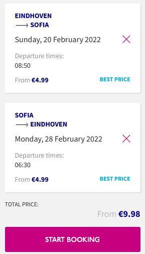 Non-stop flights from Eindhoven, Netherlands to Sofia, Bulgaria for only €9 roundtrip. Flight deal ticket image.