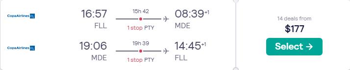 Click here to book this cheap flight deal. Cheap flights from Eastern USA to Medellin, Colombia from only $177 roundtrip with Copa Airlines. Flight deal ticket image.