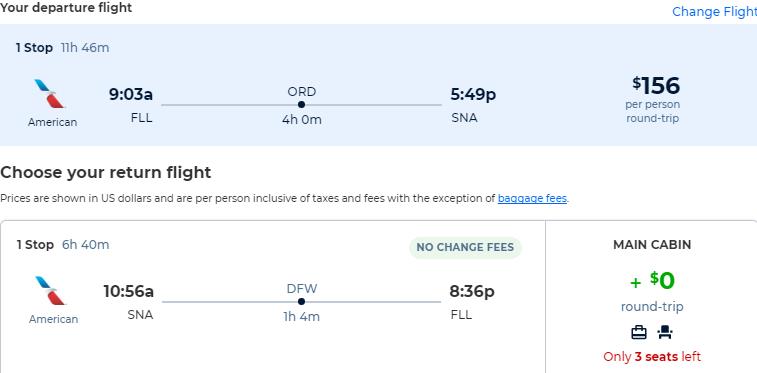 Cheap flights from Fort Lauderdale to Santa Ana, California for only $156 roundtrip with American Airlines. Also works in reverse. Flight deal ticket image.
