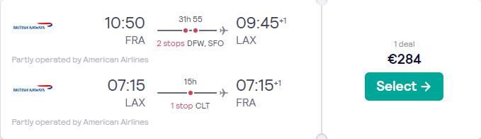 Cheap flights from Frankfurt, Germany to Californian cities from only €284 roundtrip with American Airlines and British Airways. Flight deal ticket image.