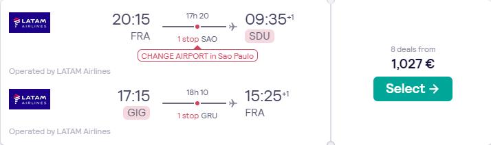 Business Class flights from Frankfurt, Germany to Rio de Janeiro, Brazil for only €1027 roundtrip with LATAM Airlines. Flight deal ticket image.