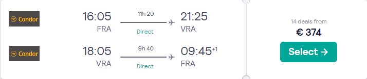 Non-stop, last minute flights from Frankfurt, Germany to Varadero, Cuba for only €374 roundtrip. Flight deal ticket image.