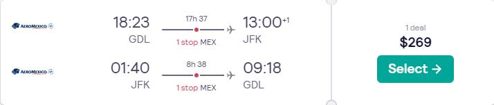Click here to book this cheap flight deal. Cheap flights from Guadalajara, Mexico to New York, USA for only $269 USD roundtrip with Aeromexico. Flight deal ticket image.