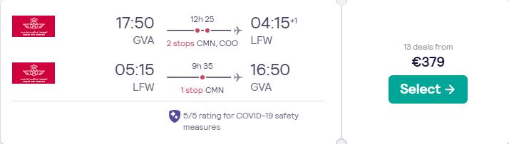 Cheap flights from Geneva, Switzerland to Togo for only &euro;379 roundtrip with Royal Air Maroc. Flight deal ticket image.