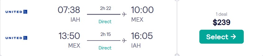 Non-stop flights from Houston, Texas to Mexico City, Mexico for only $239 roundtrip with United Airlines. Flight deal ticket image.