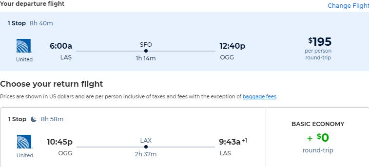 Cheap flights from Las Vegas to Kahului, Hawaii for only $195 roundtrip with United Airlines. Also works in reverse. Flight deal ticket image.