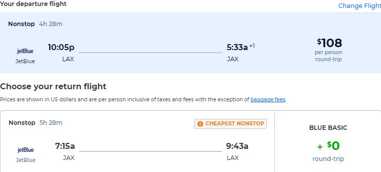 Non-stop flights from Los Angeles to Jacksonville, Florida for only $108 roundtrip with JetBlue. Also works in reverse. Flight deal ticket image.