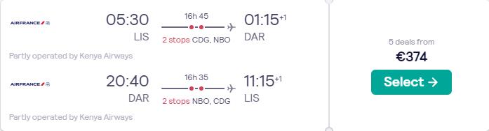 Cheap flights from Lisbon or Porto, Portugal to Dar Es Salaam, Tanzania from only €374 roundtrip with Air France. Flight deal ticket image.