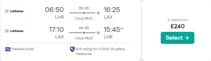 Cheap flights from London, UK to Los Angeles or San Diego, USA from only £240 roundtrip with Lufthansa. Flight deal ticket image.