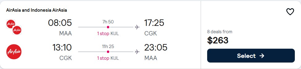 Cheap flights from Chennai, India to Jakarta, Indonesia for only $263 USD roundtrip. Flight deal ticket image.