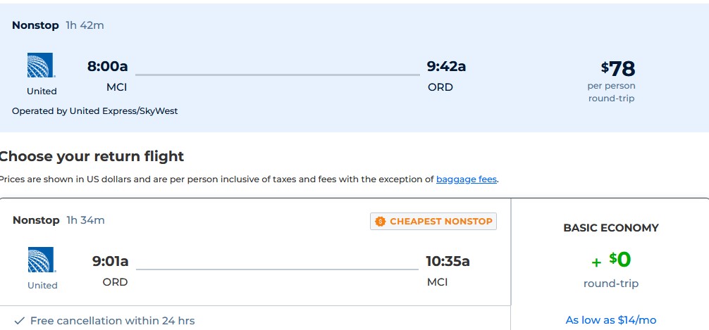 Non-stop flights from Kansas City to Chicago for only $78 roundtrip with United Airlines. Also works in reverse. Flight deal ticket image.