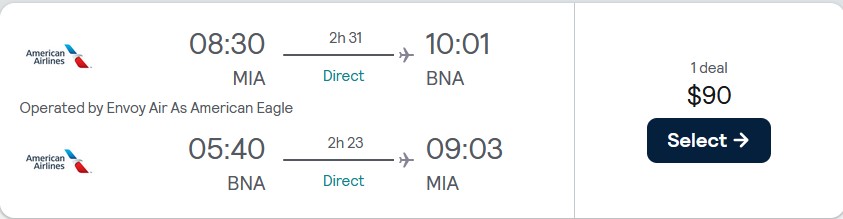 Non-stop flights from Miami to Nashville for only $90 roundtrip with American Airlines. Also works in reverse. Flight deal ticket image.