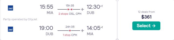 Cheap flights from Miami to European cities from only $361 roundtrip with SAS. Flight deal ticket image.