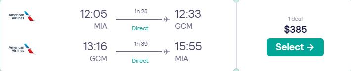 Non-stop flights from Miami or New York to the Cayman Islands for only $233 roundtrip with JetBlue. Flight deal ticket image.