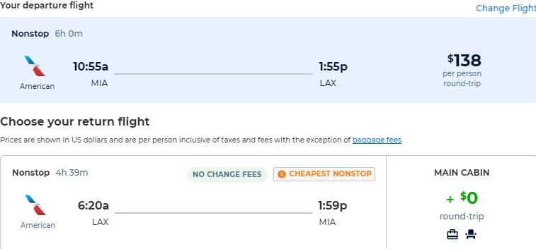 Non-stop flights from Miami to Los Angeles for only $138 roundtrip with American Airlines. Also works in reverse. Flight deal ticket image.