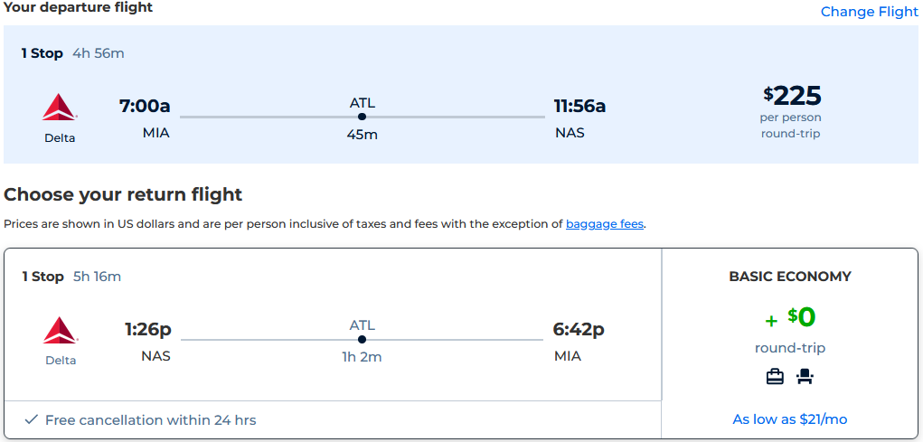 Cheap flights from Miami or Orlando to the Bahamas from only $225 roundtrip with Delta Air Lines. Flight deal ticket image.