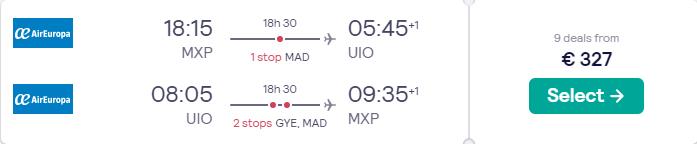 Click here to book this cheap flight deal. Cheap flights from Milan, Italy to South America from only €327 roundtrip with Air Europa. Flight deal ticket image.