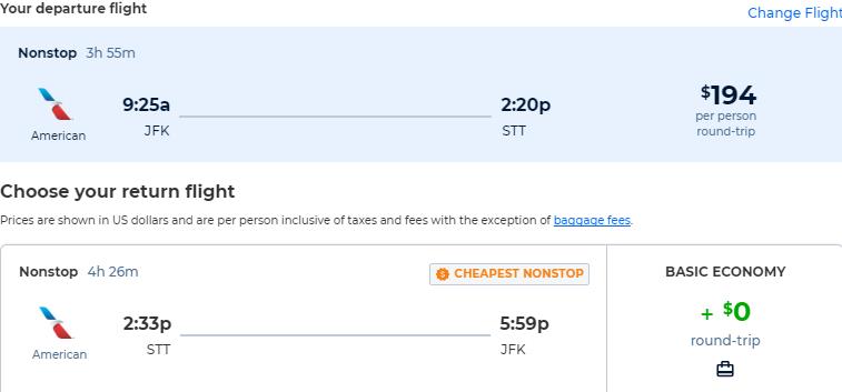 Non-stop flights from Miami or New York to the US Virgin Islands from only $194 roundtrip with American Airlines. Flight deal ticket image.