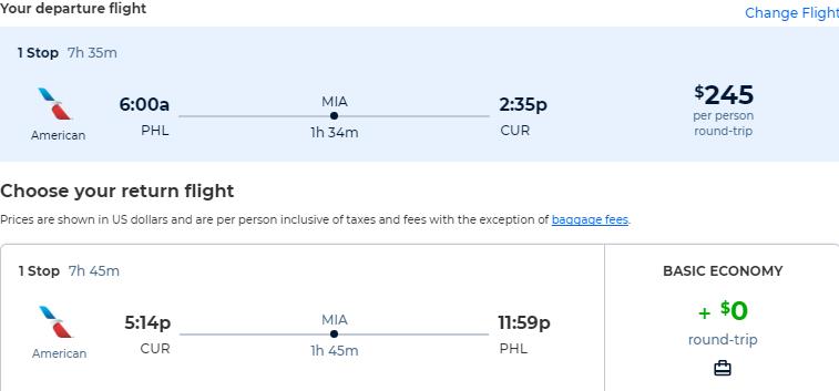 Cheap flights from Philadelphia or New York to Curacao from only $244 roundtrip with American Airlines. Flight deal ticket image.