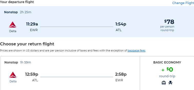 Non-stop flights from New York to Atlanta for only $78 roundtrip with Delta Air Lines. Also works in reverse. Flight deal ticket image.