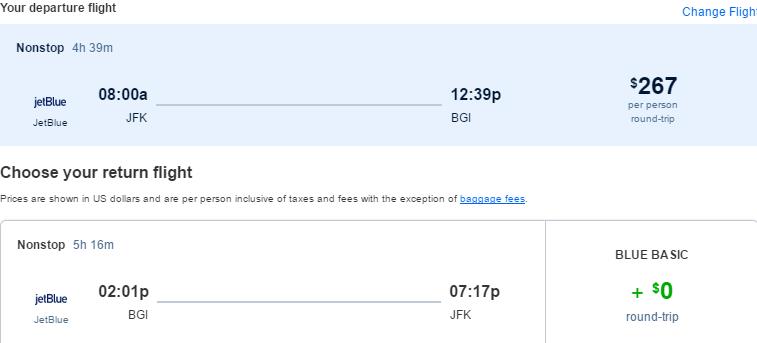 Non-stop flights from New York to Barbados for only $267 roundtrip with JetBlue. Flight deal ticket image.