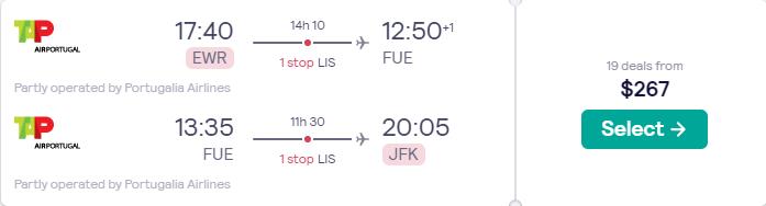 Click here to book this cheap flight deal. Cheap flights from New York to the Canary Islands for only $267 roundtrip with TAP Air Portugal. Flight deal ticket image.