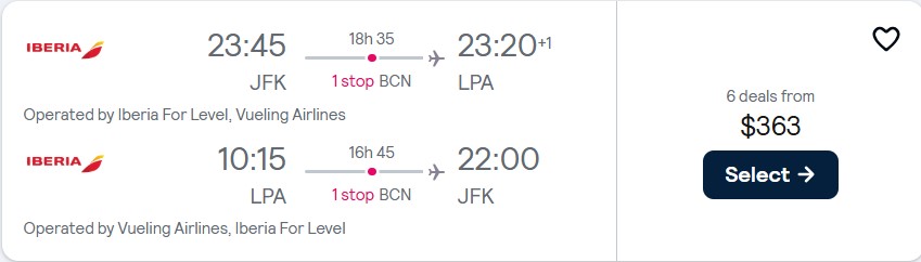 Cheap flights from New York to the Canary Islands for only $363 roundtrip. Flight deal ticket image.