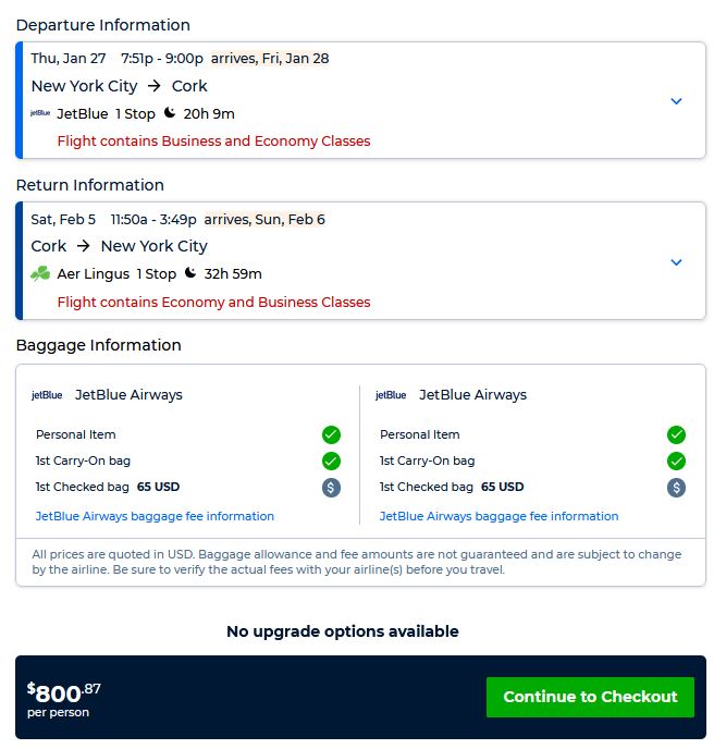 Error Fare Business Class flights from New York to Cork, Ireland for only $800 roundtrip with JetBlue. Flight deal ticket image.