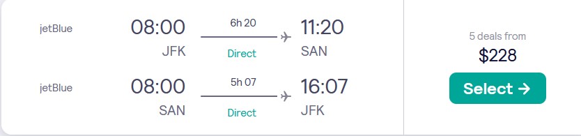 Nonstop flights from New York to San Diego for just $228 roundtrip with JetBlue.  It also works the other way around.  Flight offer ticket image.