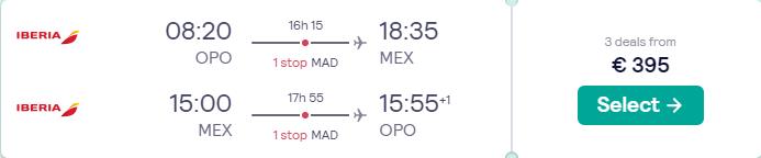 Cheap flights from Porto or Lisbon, Portugal to Mexico City, Mexico from only €395 roundtrip with Iberia. Flight deal ticket image.