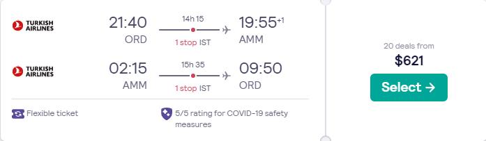 Cheap flights from Chicago to Amman, Jordan for only $621 roundtrip with Turkish Airlines. Flight deal ticket image.