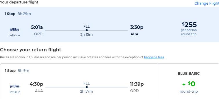 Cheap flights from Chicago to Aruba for only $258 roundtrip with JetBlue. Flight deal ticket image.