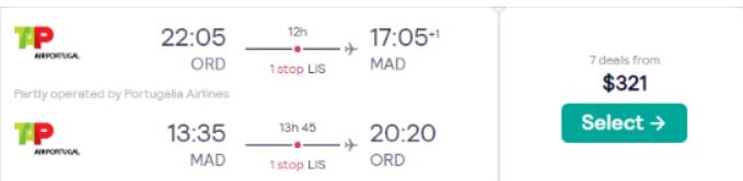 Cheap flights from Chicago to Spanish cities from only $321 roundtrip with TAP Air Portugal. Flight deal ticket image.