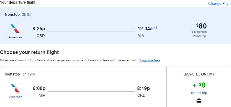 Non-stop flights from Chicago to Miami for only $80 roundtrip with American Airlines. Also works in reverse. Flight deal ticket image.