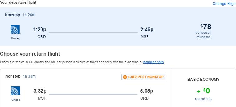 Non-stop flights from Chicago to Minneapolis for only $78 roundtrip with United Airlines. Also works in reverse. Flight deal ticket image.