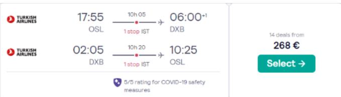 Summer flights from Oslo, Norway or Copenhagen, Denmark to Dubai, UAE from only €268 roundtrip with Turkish Airlines. Flight deal ticket image.