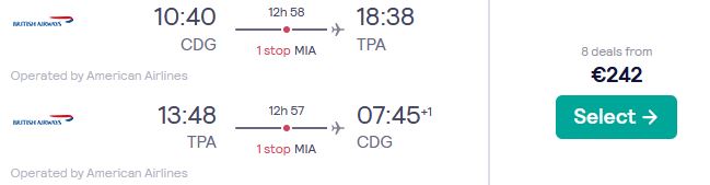 Cheap flights from Paris, France to Florida cities from only €242 roundtrip with British Airways and American Airlines. Flight deal ticket image.