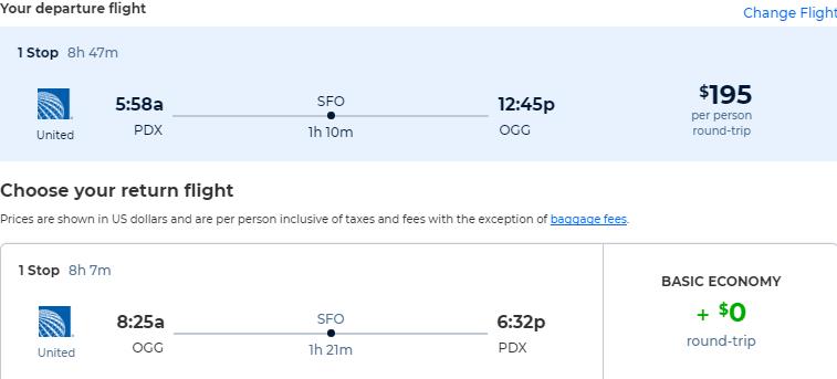 Cheap flights from Portland, Oregon to Kahului, Hawaii for only $195 roundtrip with United Airlines. Also works in reverse. Flight deal ticket image.