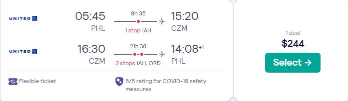 Click here to book this cheap flight deal. Cheap flights from Philadelphia to Cozumel, Mexico for only $244 roundtrip with United Airlines. Flight deal ticket image.