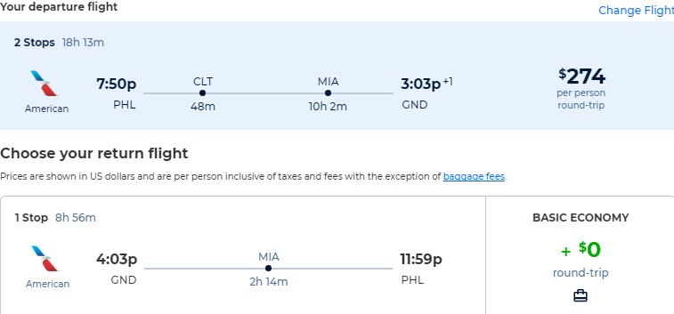 Cheap flights from Philadelphia to Grenada for only $274 roundtrip with American Airlines. Flight deal ticket image.