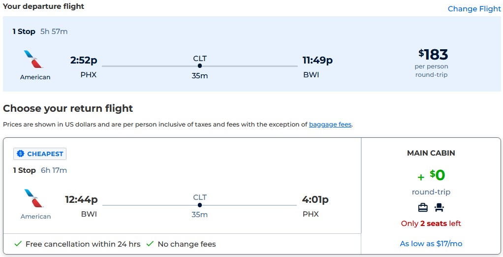 Cheap flights from Phoenix, Arizona to Baltimore for only $183 roundtrip with American Airlines. Also works in reverse. Flight deal ticket image.