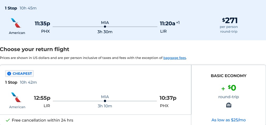 Cheap flights from Phoenix, Arizona to Liberia or San Jose, Costa Rica from only $271 roundtrip with American Airlines. Flight deal ticket image.