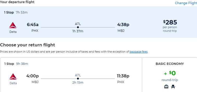 Cheap flights from Phoenix, Arizona to Montego Bay, Jamaica for only $285 roundtrip with Delta Air Lines. Flight deal ticket image.